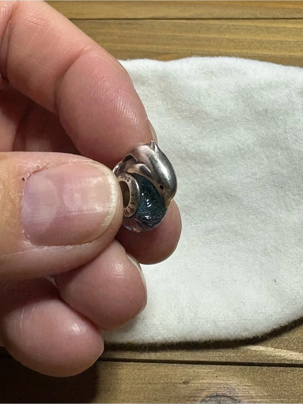 Dolphin Blue Glass Charm Bead with Sterling Silver Detailing